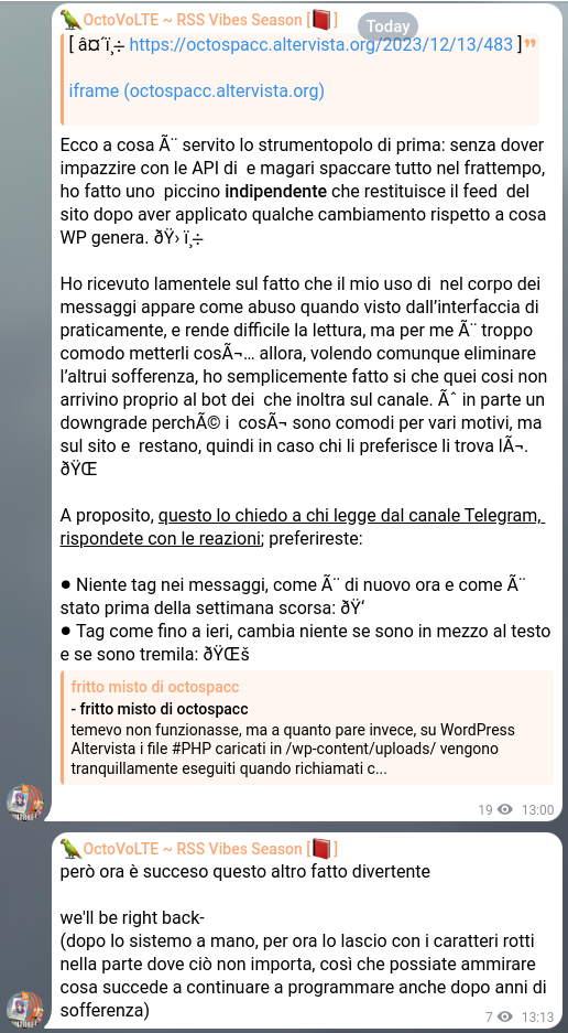 Screenshot di come il post precedente è arrivato con i caratteri UTF-8 corrotti su Telegram