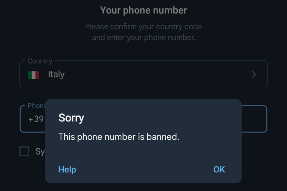 Schermata "Sorry. This phone number is banned" al login su Telegram