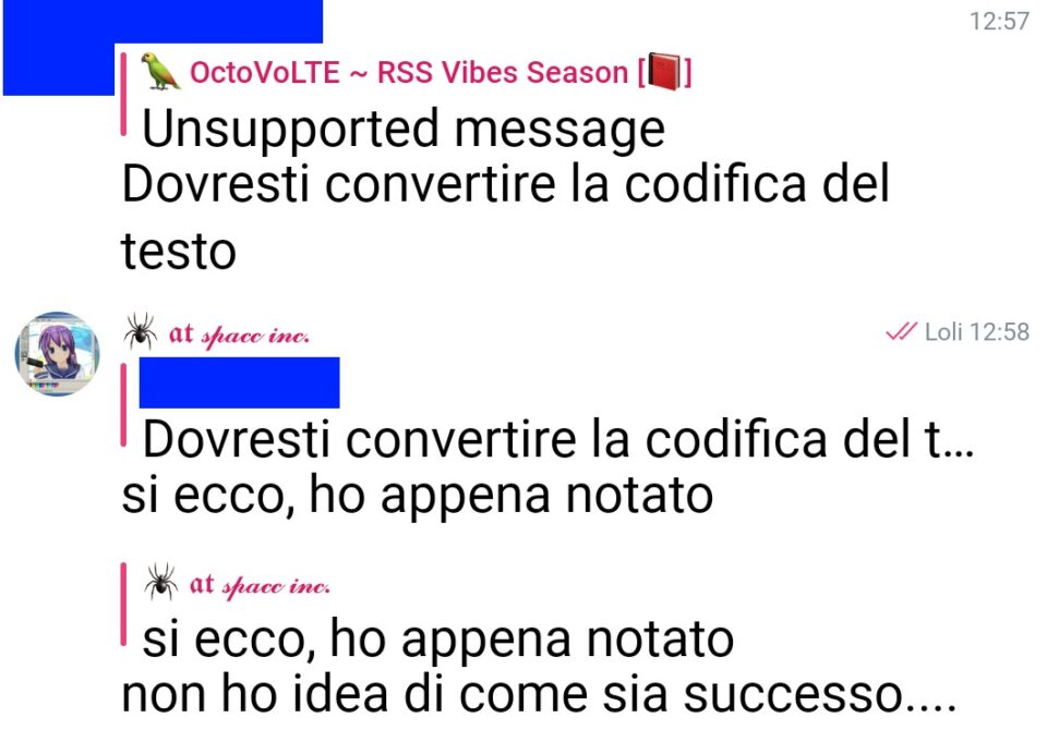 Screenshot di un commento sotto quel messaggio rotto, "Dovresti convertire la codifica del testo" e la mia risposta "si ecco, ho appena notato, non ho idea di come sia successo..."