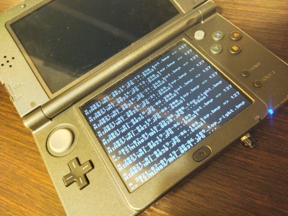 Il 3DS che esegue il programma, con lo schermo inferiore che lista i file convertiti.