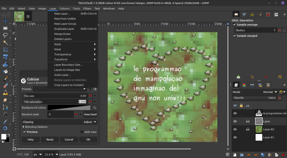 Schermata dell'anteprima di GIMP sul mio PC con aperto un menu di un effetto, un menu ALT, e un'immagine creata al volo a caso, con lo sfondo fatto dal pennello peperone e un effetto pixel, e davanti un cuore formato con il pennello Wilber, al cui interno c'è scritto con un font marcio "le programmao de manipolaçao immaginao del gnu non unix!!!"