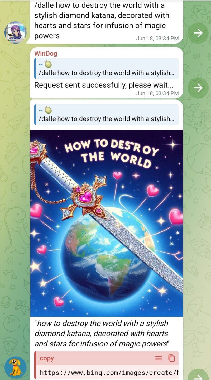 Schermata di una foto generata in chat, "how to destroy the world with a stylish diamond katana, decorated with hearts and stars for infusion of magic powers"