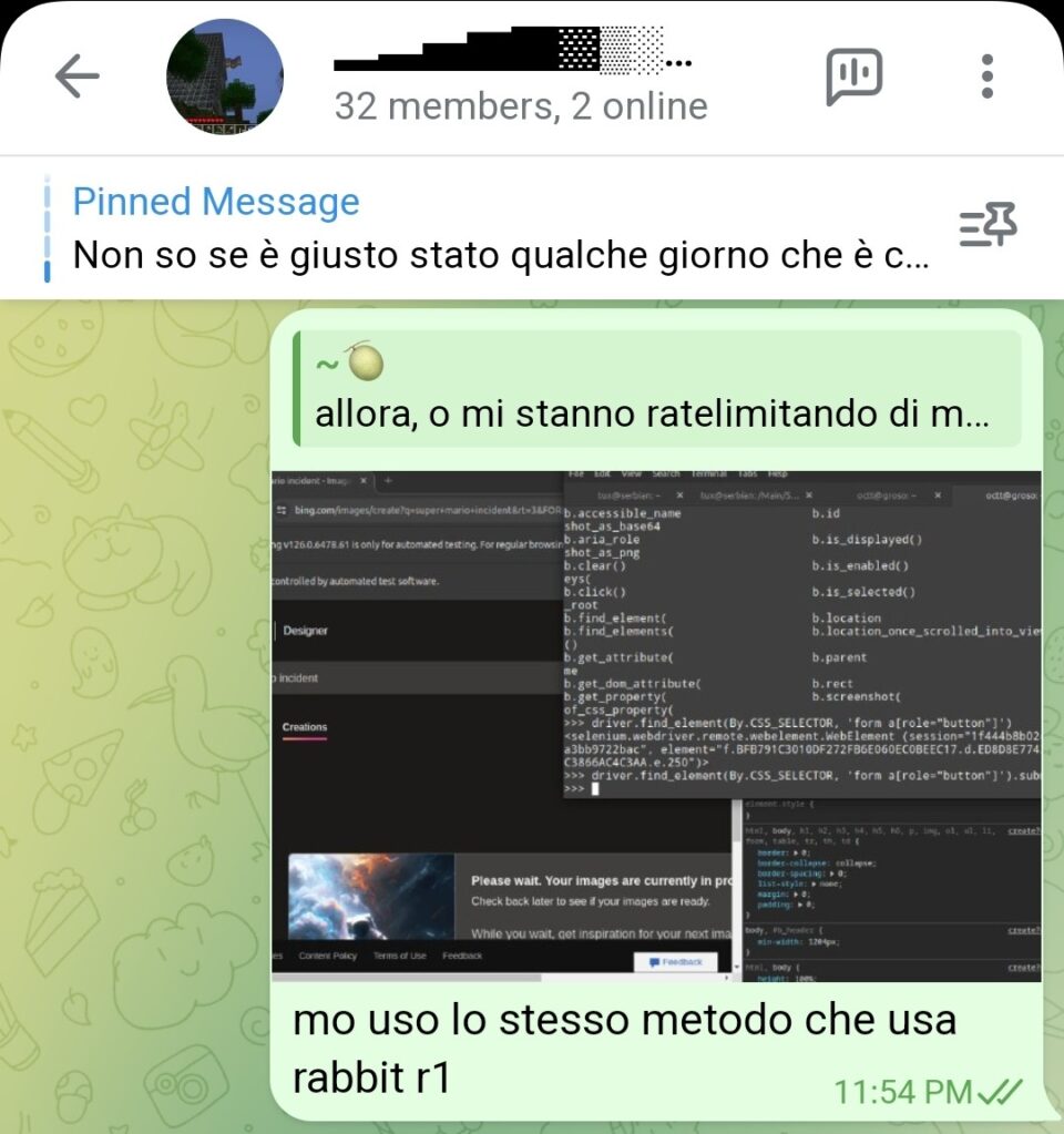 Schermata in chat di ieri sera con il REPL Python e la finestra di Chrome da esso controllata.