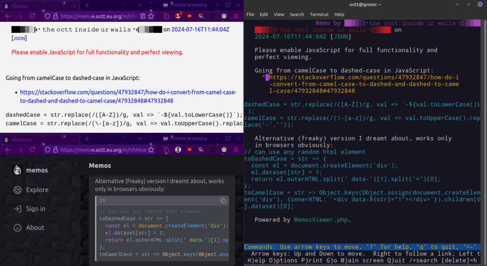 Schermata del memo linkato aperto in Firefox con JS attivo, Firefox con JS spento, e lynx nel terminale.