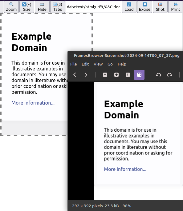 Schermata di un frame che mostra example.com ridimensionato nella app, e l'immagine screenshot scaricata aperta fuori dalla app.