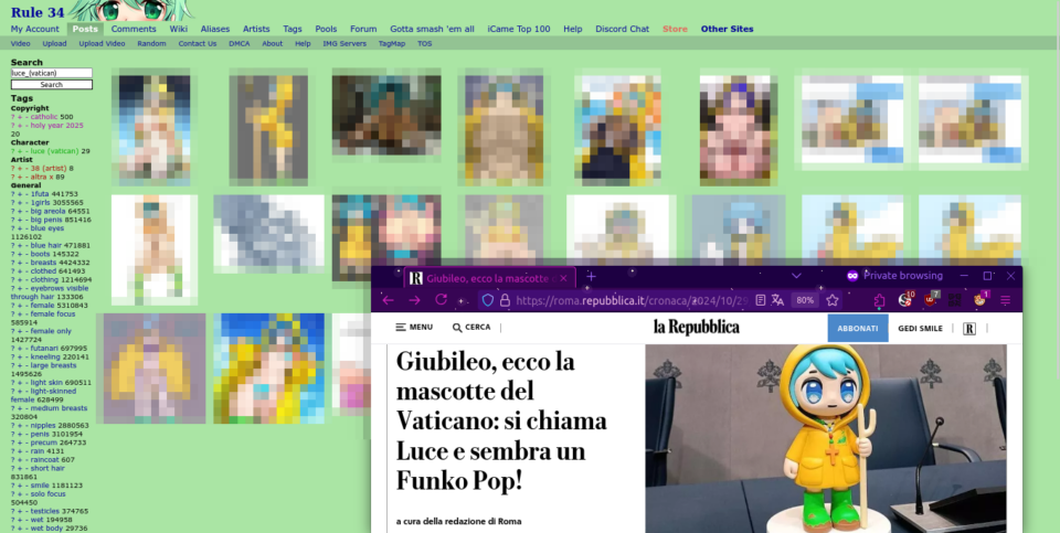 Schermata della notizia da Repubblica con dietro un muro di rule34 per il personaggio (censurato con pixel).