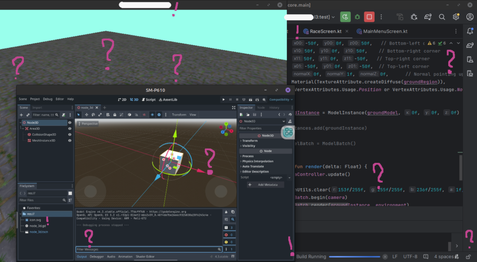 Android Studio, finestra libGDX, editor Godot sul tablet.