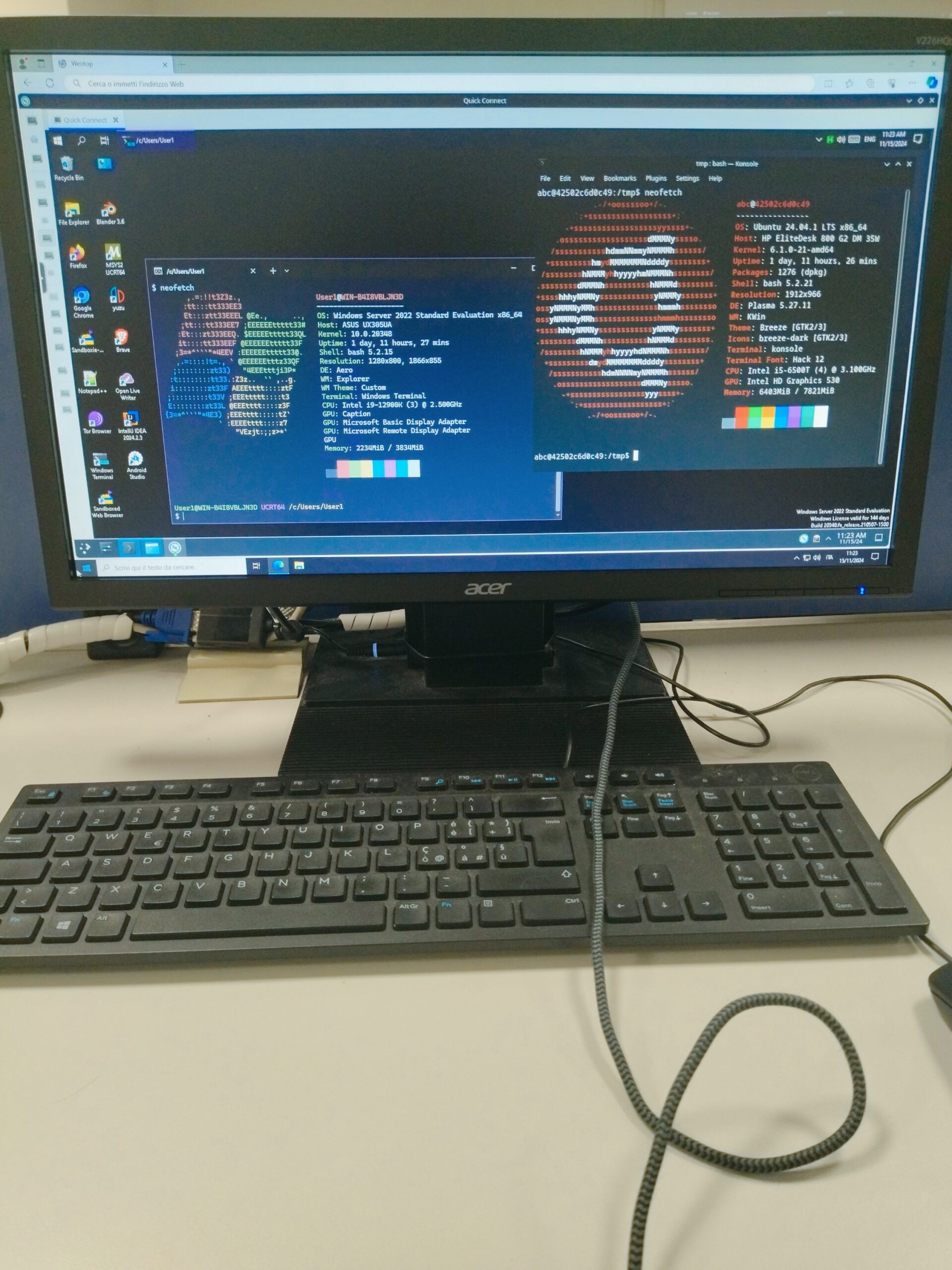 Foto ar computer de laboratorio cor monitor e il mio client aperto in Edge su Windows, con il Linux che esegue Remmina per collegasse alla VM Windows, e neofetch è aperto su entrambi i sistemi virtualizzati