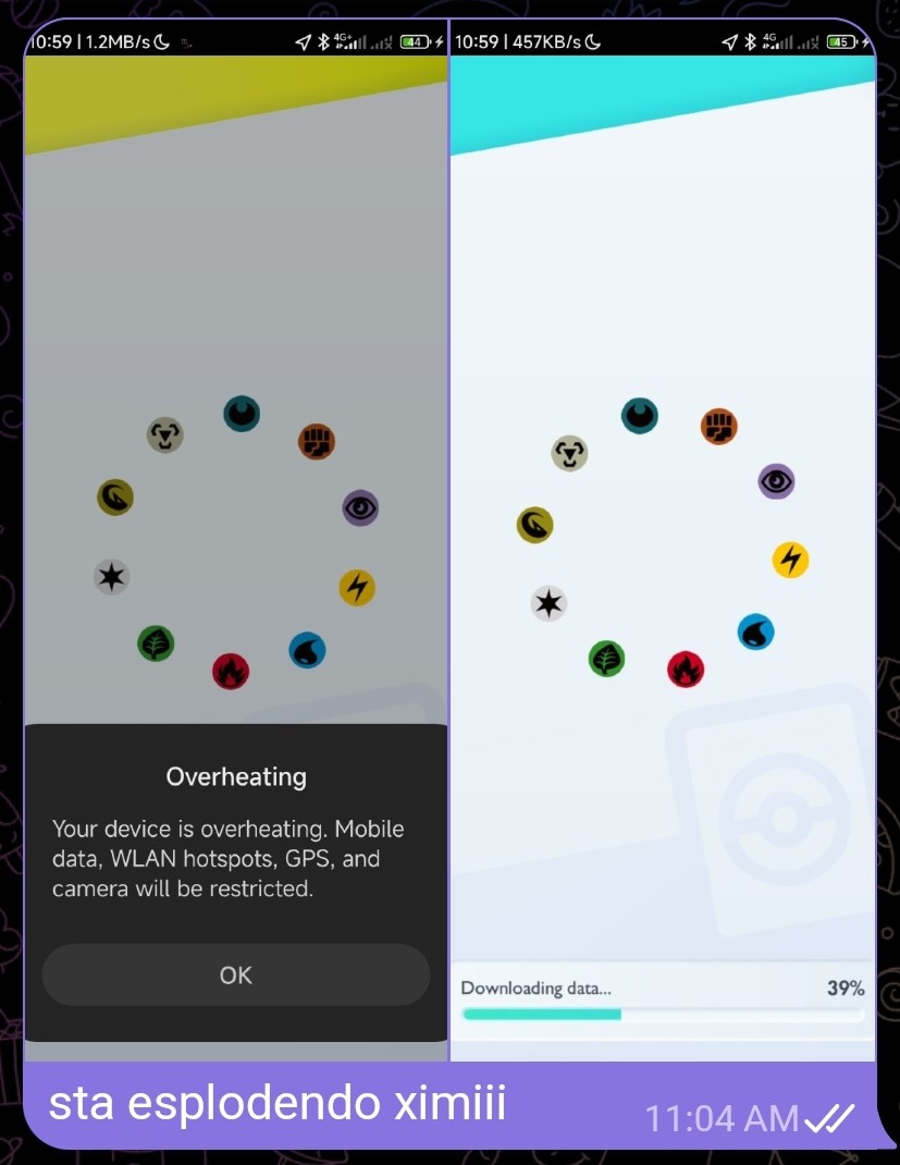 Messaggio con la schermata di download dei dati, e il popup "Your device is overheating...". Didascalia: "sta esplodendo ximiii"