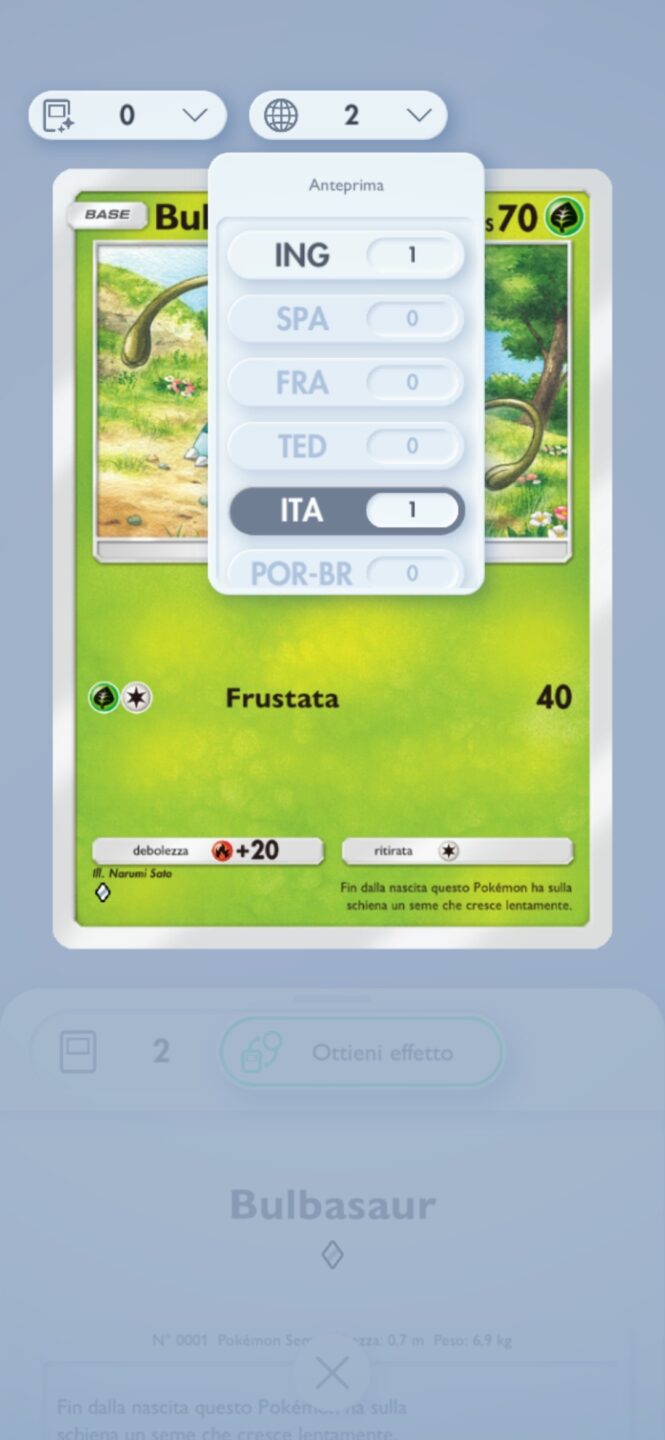 Schermata del menu lingue sulla carta di Bulbasaur (scelta a caso)