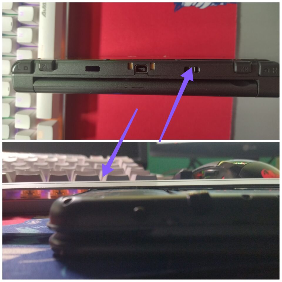 Foto 3DS di profilo e di lato che mostrano l'ingrandimento della batteria di pochi micrometri, frecce per enfasi.