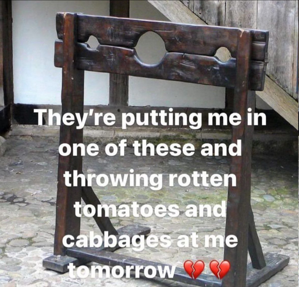 They're putting me in one of these and throwing rotten tomatoes and cabbages at me tomorrow 💔💔
