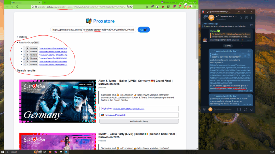 Schermata di Proxatore per il link in questo post.

Commenti Telegram:

Malbyx, [18/05/2025 23:16]
classifica personale delle canzoni?

⋆·˚ ༘ * spacctorium in the day * ༘ ˚·⋆, [19/05/2025 01:06]
probabilmente non è completa ma,
ecco le prime 5: [...]
(si, ho appena aggiunto la funzione -group a proxatore solo per inviare questo link, OPS)

⋆·˚ ༘ * spacctorium in the day * ༘ ˚·⋆, [19/05/2025 01:09]
(comunque proxatore è diventato di nuovo mezzo spaghetti ed urge di nuovo un refactoring, me misera me tapina)