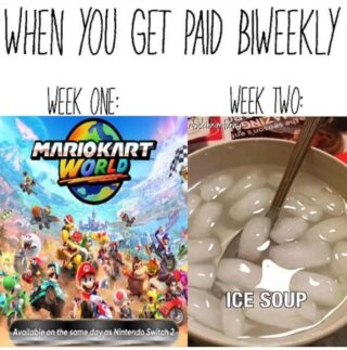 WHEN YOU GET PAID BIWEEKLY
WEEK ONE: Mario Kart World
WEEK TWO: Ice soup