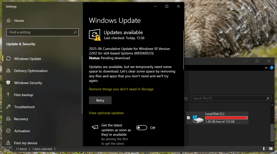 Windows Update
...
Updates are available, but we temporarily need some space to download. Let's clear some space by removing any files and apps that you don't need and we'll try again.