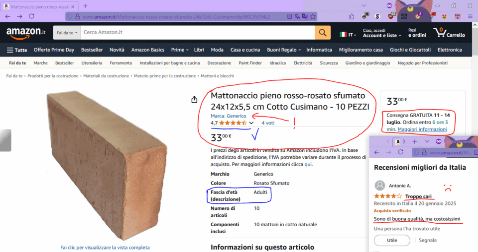 Da Amazon:
Mattonaccio pieno rosso-rosato sfumato 24x12x5,5 cm Cotto Cusimano - 10 PEZZI
33,00 euro
Marca: Generico

Recensione di Antonio, 20 gennaio 2025:
Troppo cari
Sono di buona qualità, ma costosissimi