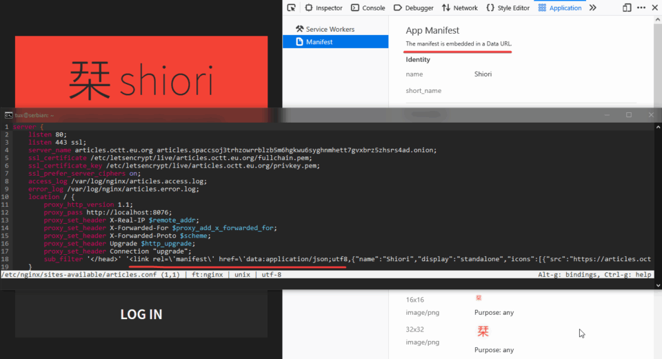Schermata di quello che ho detto con il file di nginx nell'editor nel terminale e la scheda Application dei DevTools di Firefox desktop