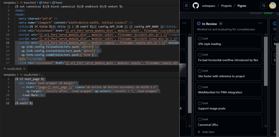 Codice Unpoly evidenziato per le due funzioni elencate a sinistra, lavagna progetto di GitHub a destra