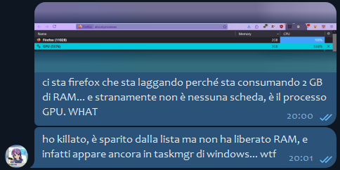 💖💣, [21/07/2025 20:00]
ci sta firefox che sta laggando perché sta consumando 2 GB di RAM... e stranamente non è nessuna scheda, è il processo GPU. WHAT

💖💣, [21/07/2025 20:01]
ho killato, è sparito dalla lista ma non ha liberato RAM, e infatti appare ancora in taskmgr di windows... wtf