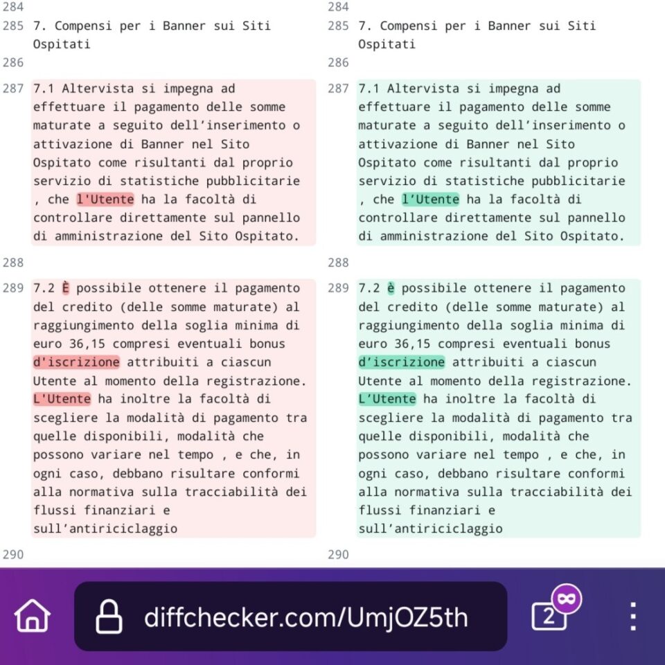 Parte del diff per esempio da riga 284 a 290