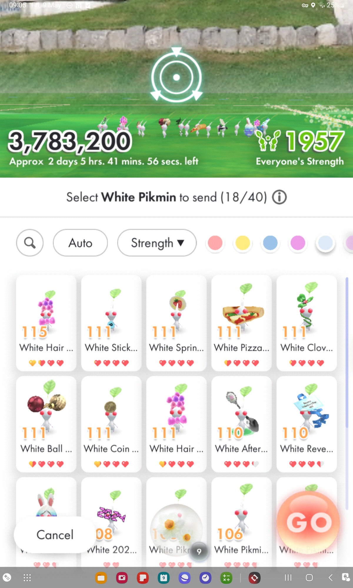 Schermata per mandare i Pikmin in missione, solo 18 selezionabili perché sono gli unici rimasti