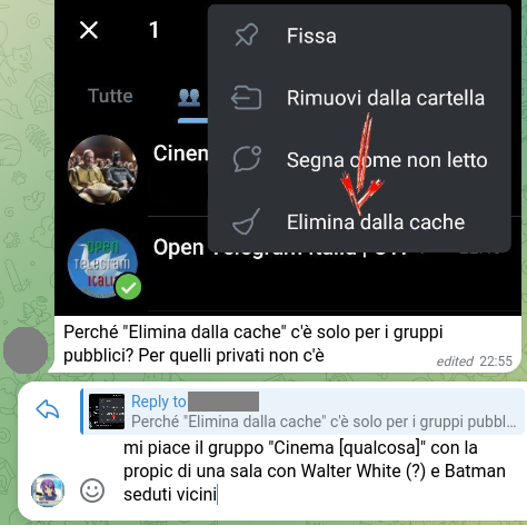 Messaggio con una schermata di Telegram a cui io ho risposto: "mi piace il gruppo "Cinema [qualcosa]" con la propic di una sala con Walter White (?) e Batman seduti vicini"