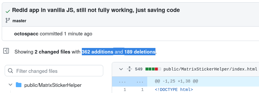 Commit Git "Redid app in vanilla JS, still not fully working, just saving code", c. +362 -189