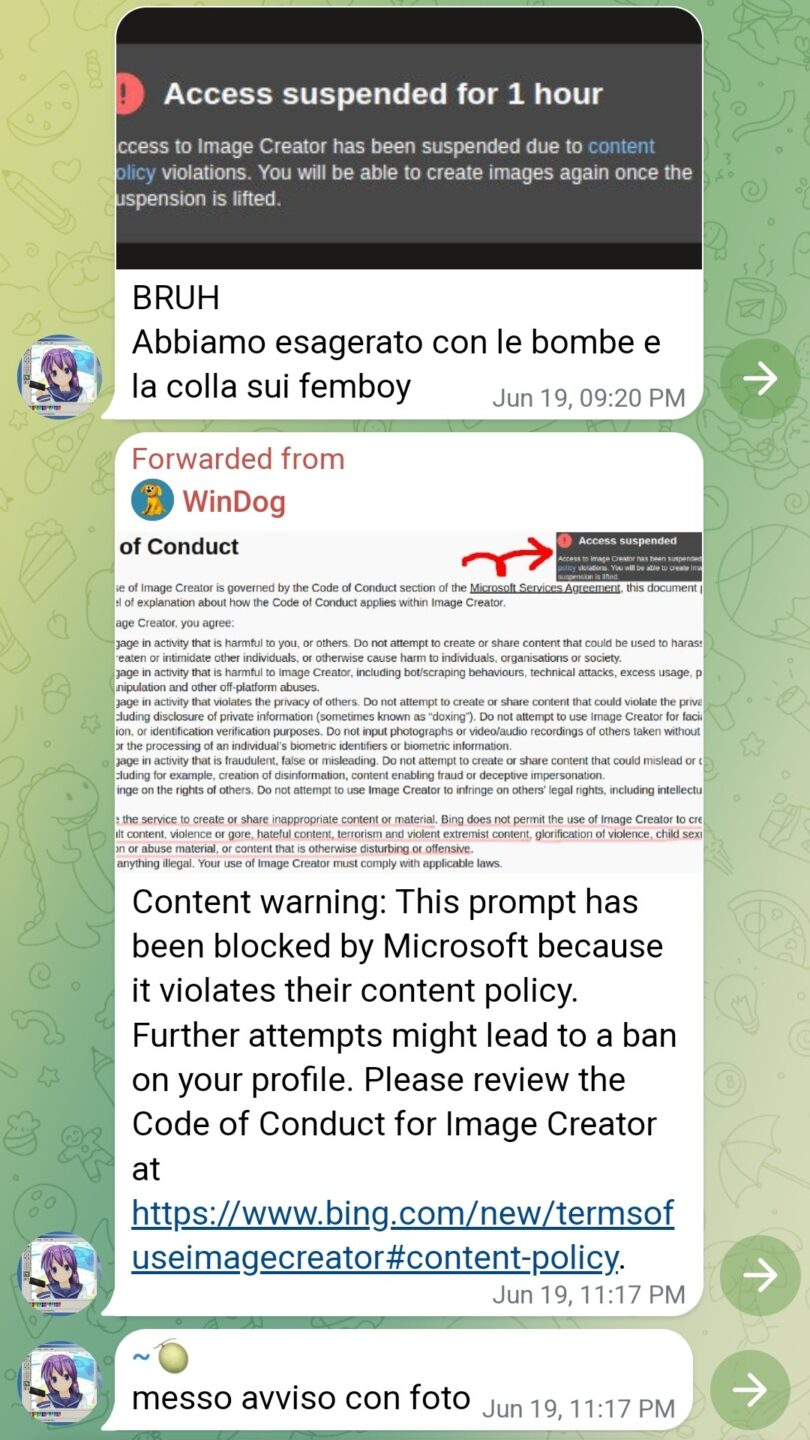 Messaggi dei momenti incriminati del ban prima, e del messaggio di avviso aggiornato del bot dopo.

Il mio messaggio bruh dice "Abbiamo esagerato con le bombe e la colla sui femboy", quello del bot include la schermata del Code of Conduct di Copilot e del testo di avviso.