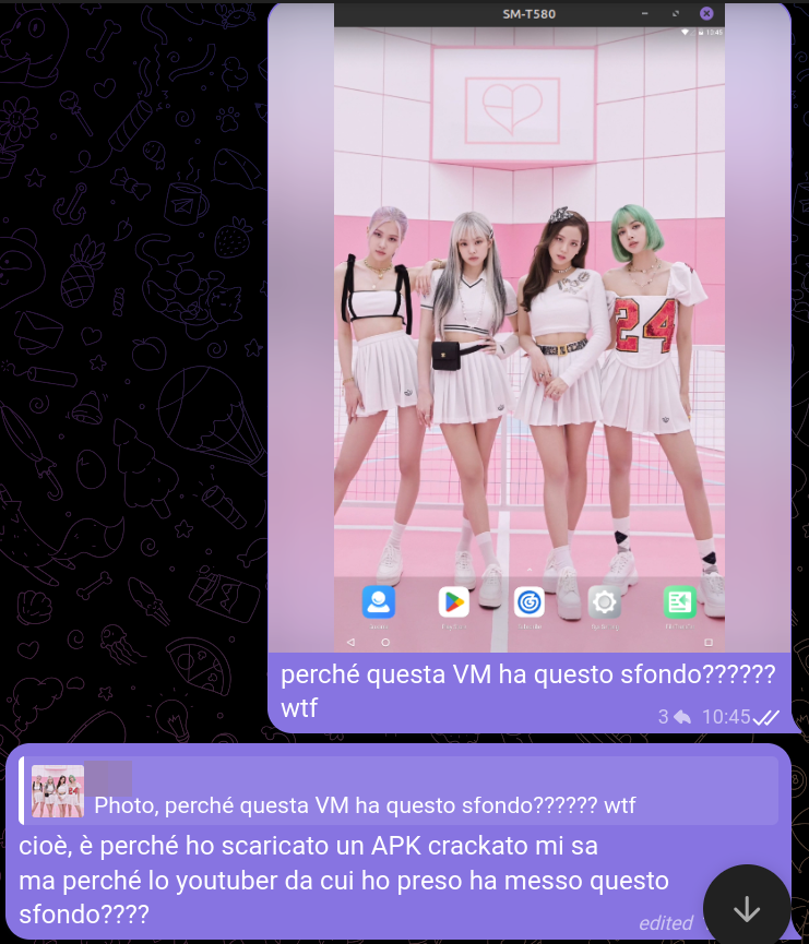 Messaggio "perché questa VM ha questo sfondo?????? cioè, è perché ho scaricato un APK crackato mi sa, ma perché lo youtuber da cui ho preso ha messo questo sfondo????" (È uno sfondo K-pop)