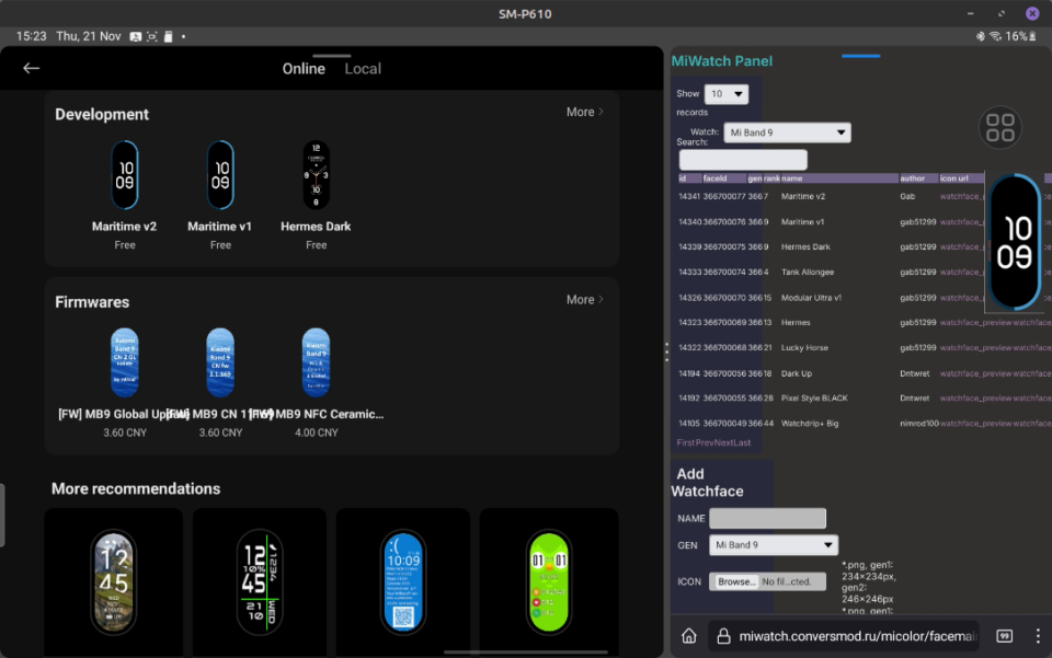 Schermata tablet split screen Mi Fitness mod e pannello admin