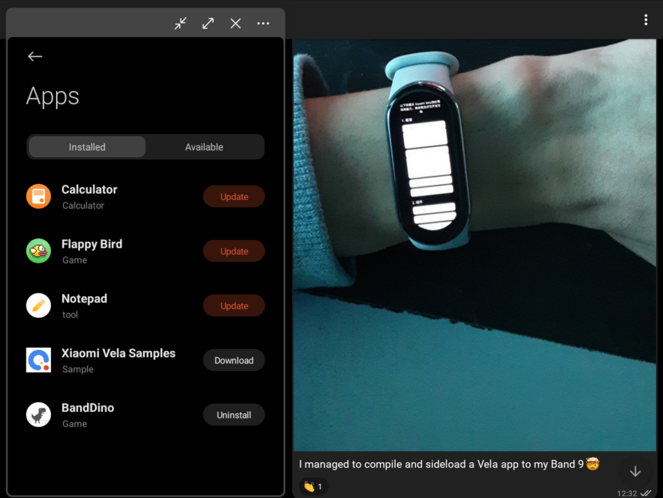 Schermata app per la band sul Mi Fitness moddato, poi foto in chat della app Xiaomi Vela Samples che gira sulla band al polso, "I managed to compile and sideload a Vela app to my Band 9 🤯️"