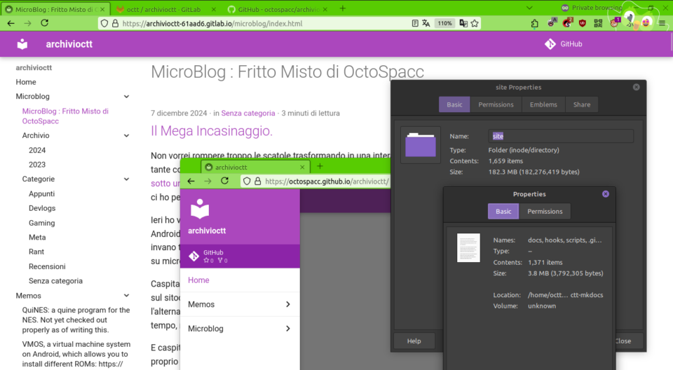 Screenshot con la sezione blog aperta dell'archivioctt a finestra grande, la sidebar di lato mostra archivi del microblog e la lista di memos. La finestra piccola davanti mostra la sidebar a scomparsa. I file sorgenti Markdown + script + configurazioni pesano 3.8 MB, il sito compilato 180 MB, senza media.