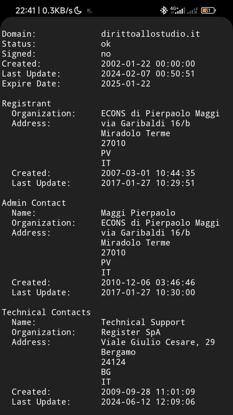 WHOIS del dominio, rimanda ad ECONS di Pierpaolo Maggi che non so che sia