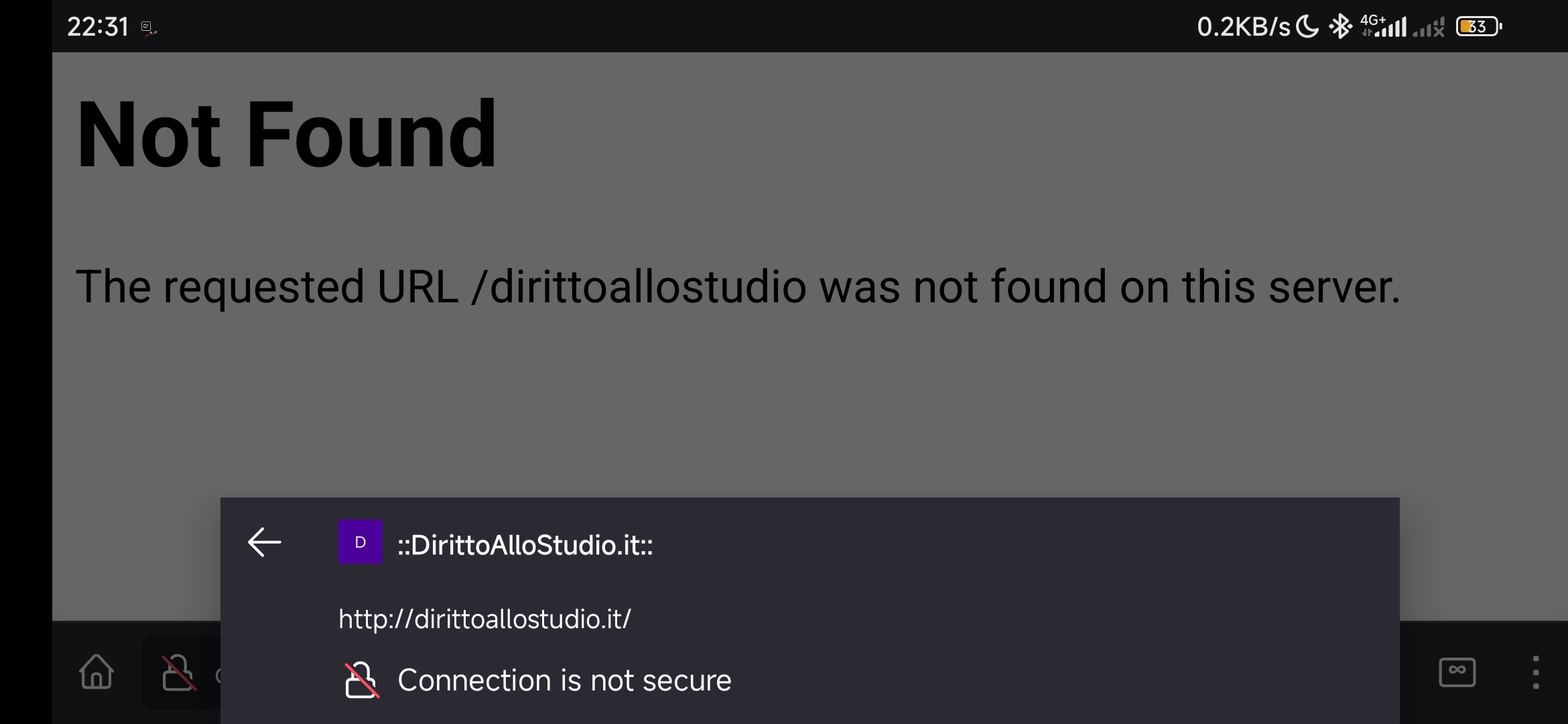 Root del dominio principale, "Not Found: The requested URL /dirittoallostudio was not found on this server."