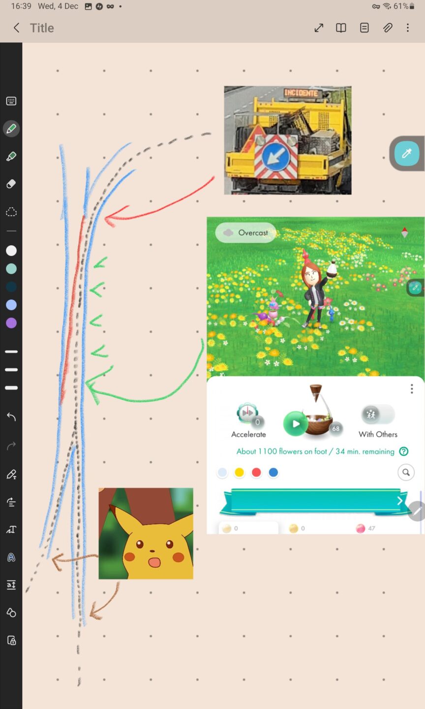 Tratto di strada disegnato in blu, con la linea rossa che indica il restringimento e i trattini neri più o meno densi il traffico formatosi. Piazzati sulla mappa i punti in cui ho fatto la faccia di Pikachu sorpreso, ho iniziato a piantare fiori su Pikmin, e ho visto il carro.