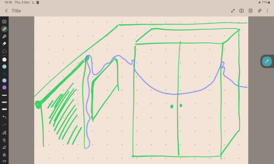 Disegno in prospettiva mezza rotta della stanza con i mobili in verde e la ghirlanda in blu.