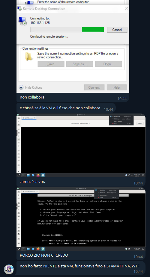 💖💣, [28/02/2025 22:38]
non collabora

💖💣, [28/02/2025 22:38]
e chissà se è la VM o il fisso che non collabora

💖💣, [28/02/2025 22:41]
zamn, è la vm.

💖💣, [28/02/2025 22:42]
PORCO ZIO NON CI CREDO

💖💣, [28/02/2025 22:42]
non ho fatto NIENTE a sta VM, funzionava fino a STAMATTINA, WTF