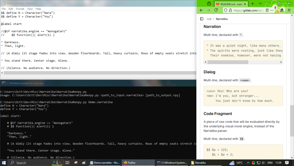 Schermata README, script Demo.narratika, e lo script convertito in Ren'Py