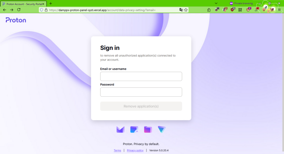 Schermata Sign in
to remove all unauthorized application(s) connected to your account.
{Email or username}
{Password}
[Remove application(s)]