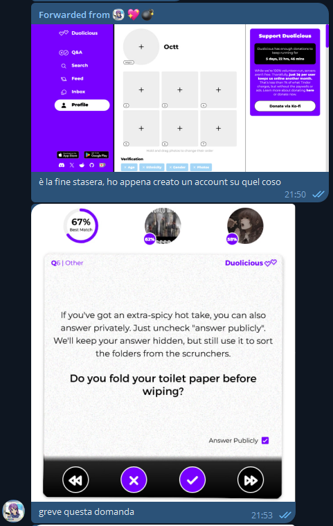 💖💣, [28/04/2025 21:50]
è la fine stasera, ho appena creato un account su quel coso

💖💣, [28/04/2025 21:53]
greve questa domanda
[Do you fold your toilet paper before wiping?]