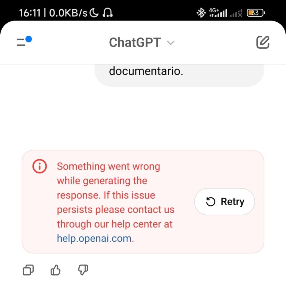 Something went wrong while generating the response. If this issue persists please contact us through our help center at help.openai.com.