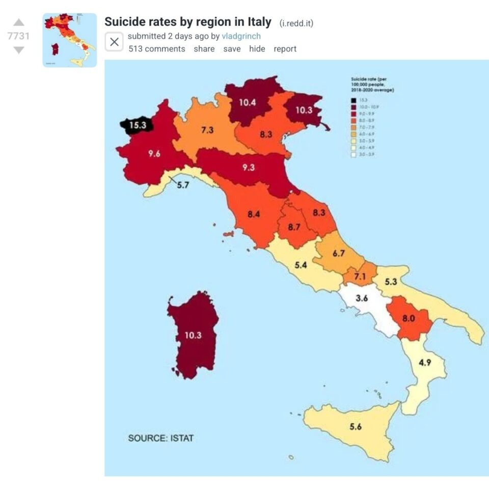 Suicide rates by region in Italy
submitted 2 days ago by vladgrinch