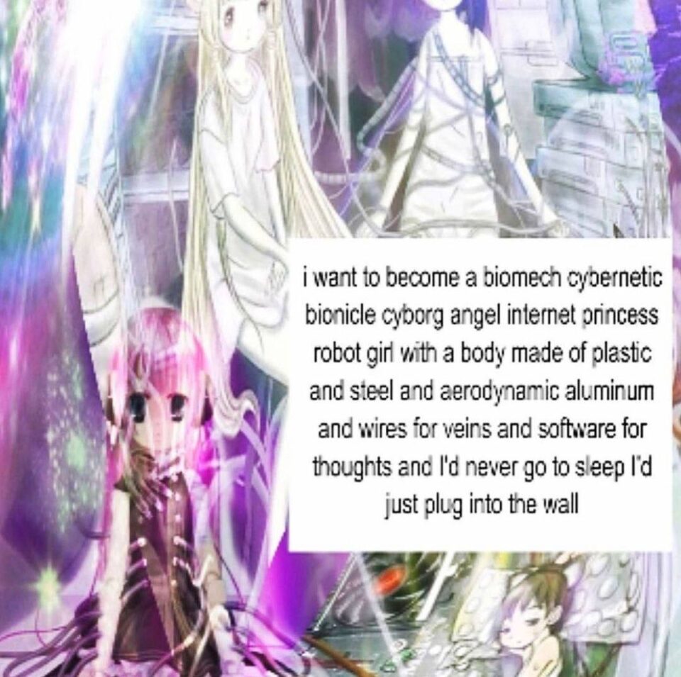 i want to become a biomech cybernetic
bionicle cyborg angel internet princess
robot girl with a body made of plastic
and steel and aereodynamic alluminum
and wires for veins and software for
thoughts and I'd never go to sleep I'd
just plug into the wall