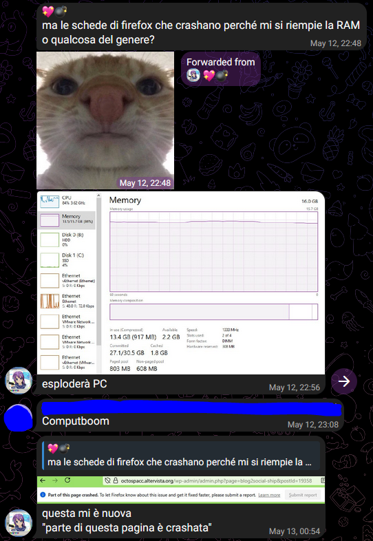 💖💣, [12/05/2025 02:48]
ma le schede di firefox che crashano perché mi si riempie la RAM o qualcosa del genere?

💖💣, [12/05/2025 22:56]
esploderà PC

[...], [12/05/2025 23:08]
Computboom

💖💣, [13/05/2025 00:54]
questa mi è nuova
"parte di questa pagina è crashata"
[Part of this page crashed. To let Firefox know...]