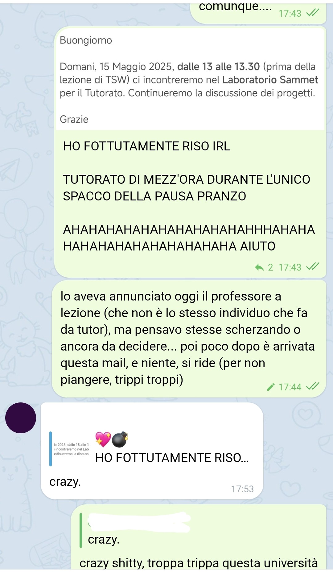 💖💣, [5/14/25, 5:43 PM]
comunque....

[Buongiorno

Domani, 15 Maggio 2025, dalle 13 alle 13.30 (prima della lezione di TSW) ci incontreremo nel Laboratorio Sammet per il Tutorato. Continueremo la discussione dei progetti.

Grazie]

💖💣, [5/14/25, 5:43 PM]
HO FOTTUTAMENTE RISO IRL
TUTORATO DI MEZZ'ORA DURANTE L'UNICO SPACCO DELLA PAUSA PRANZO
AHAHAHAHAHAHAHAHAHAHAHHHAHAHAHAHAHAHAHAHAHAHAHAHA AIUTO

💖💣, [5/14/25, 5:44 PM]
lo aveva annunciato oggi il professore a lezione (che non è lo stesso individuo che fa da tutor), ma pensavo stesse scherzando o ancora da decidere... poi poco dopo è arrivata questa mail, e niente, si ride (per non piangere, trippi troppi)

[...], [5/14/25, 5:53 PM]
crazy.

💖💣, [5/14/25, 5:53 PM]
crazy shitty, troppa trippa questa università