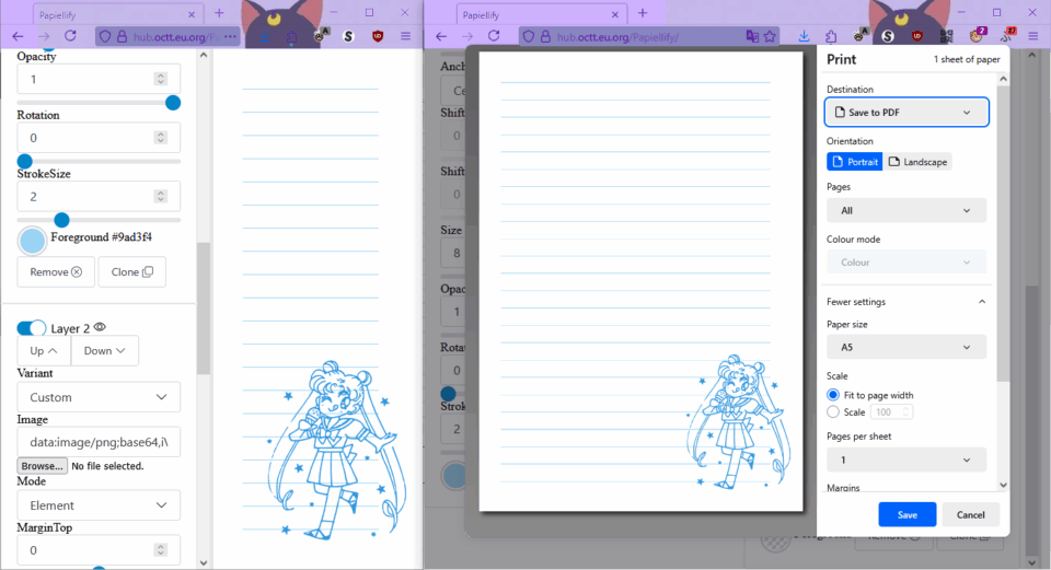 Esempio Sailor Moon e stampa da Firefox